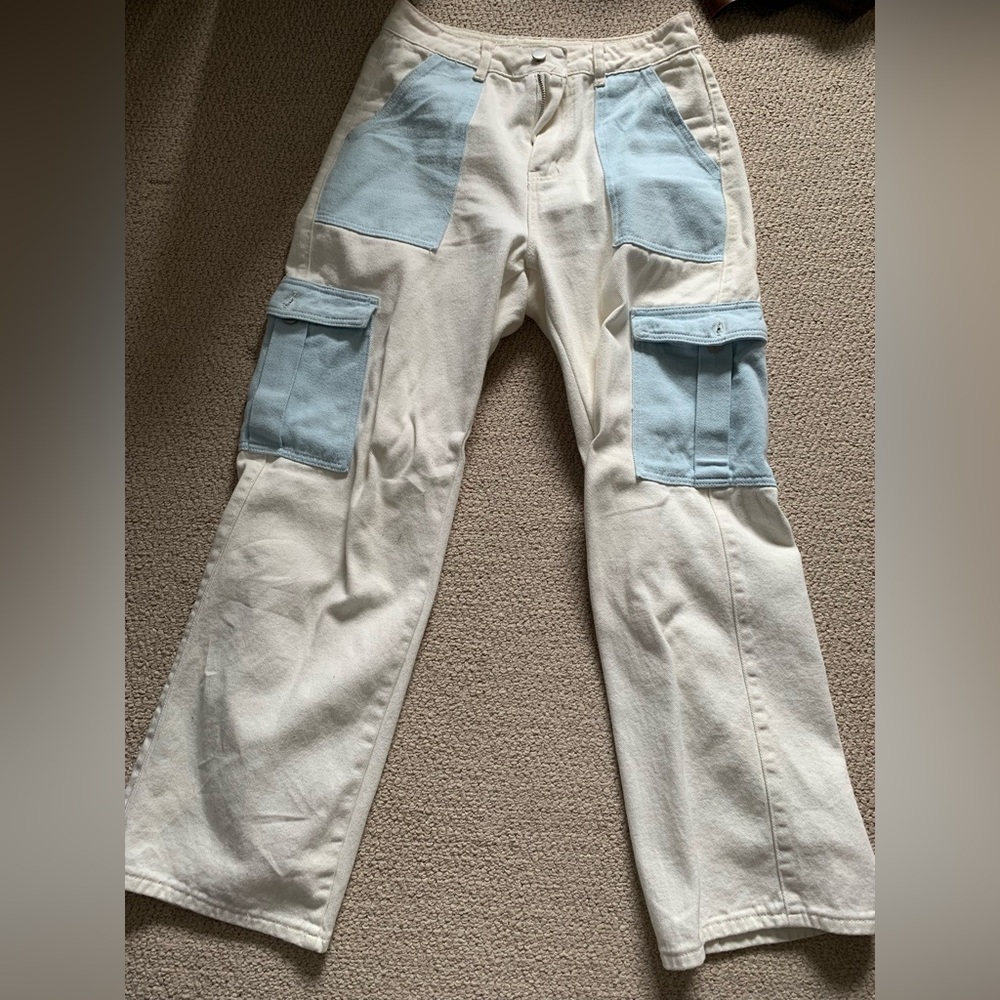 Women’s White and Blue Cargo Jeans Pants